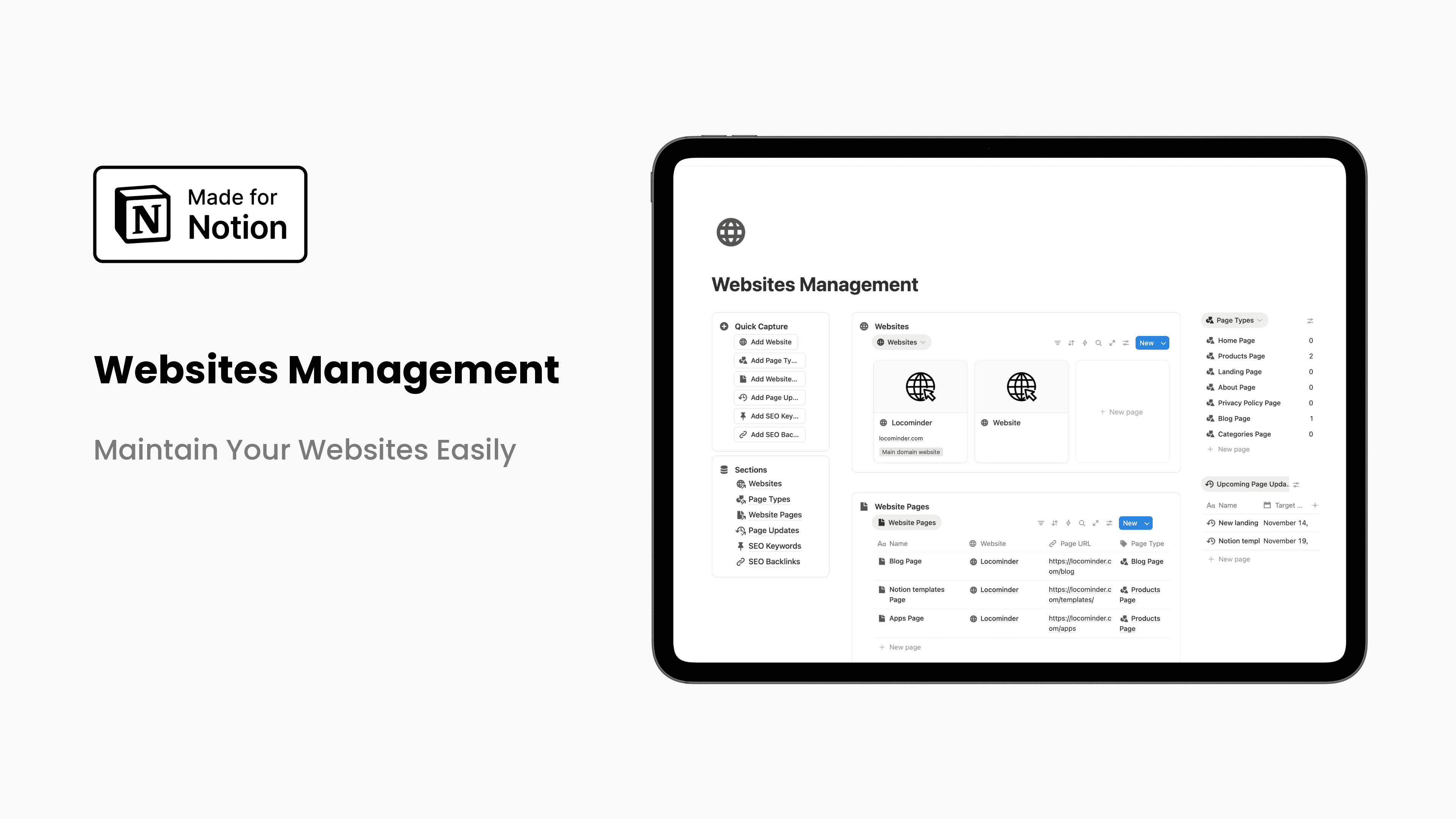 Notion website management template for organizing website content, SEO keywords, updates, and backlinks