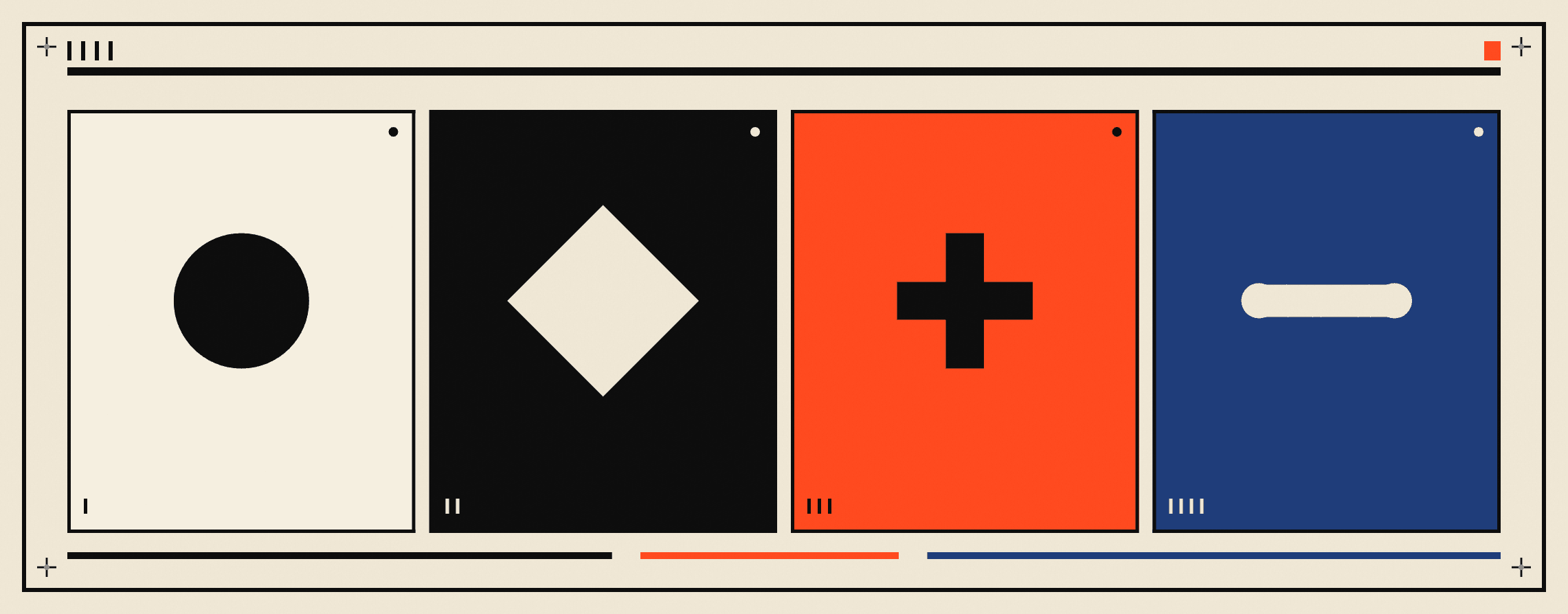 Bold modernist brand color system specimen with cream ink orange and cobalt blocks — brand launch film identity guidelines. Raised Media Co.