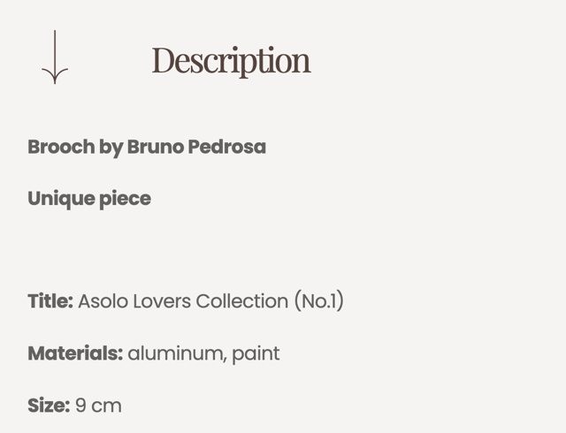 Product description on the Thereza Pedrosa Gallery website: a brooch by Bruno Pedrosa, unique piece, with the title, materials and size