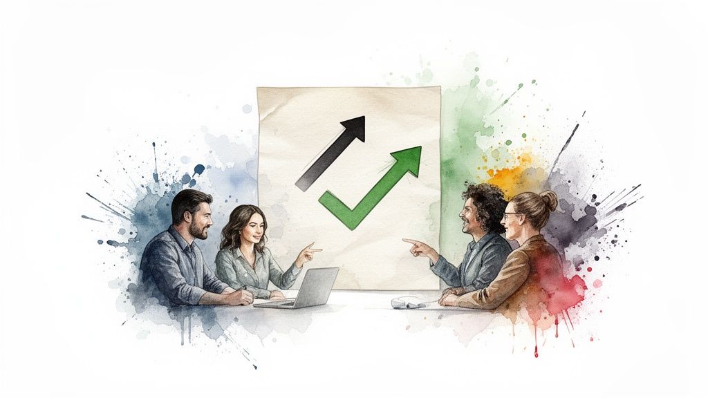 Four diverse business professionals discuss growth strategies around a table with a laptop and a visual aid.