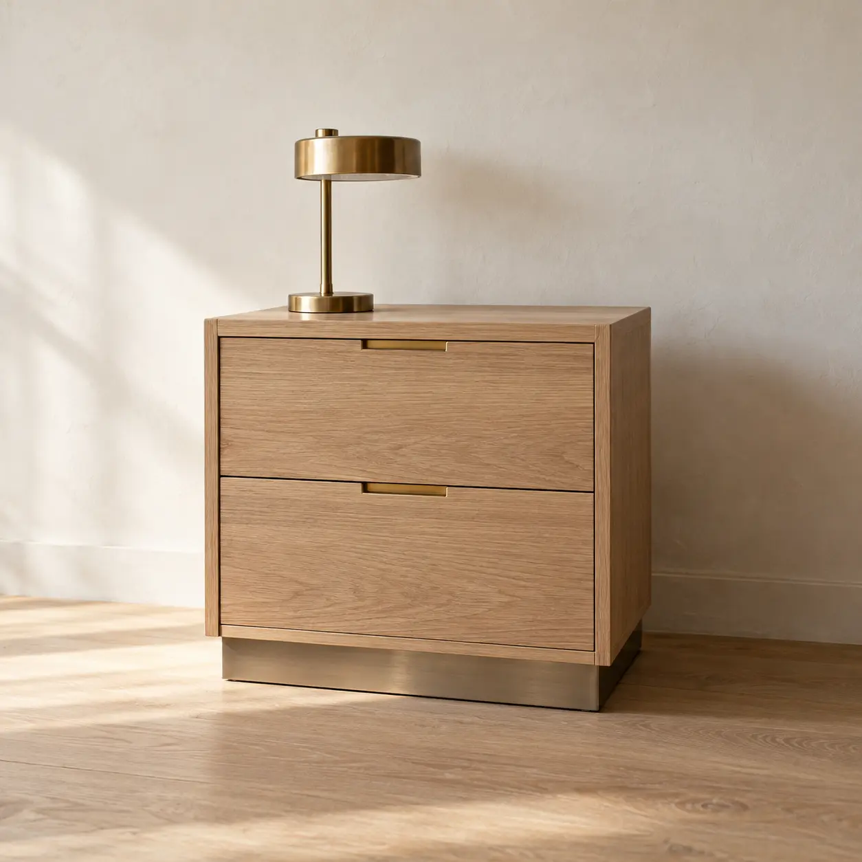 Two-drawer white oak nightstand with brass pulls, a stainless kick plate and a brass lamp