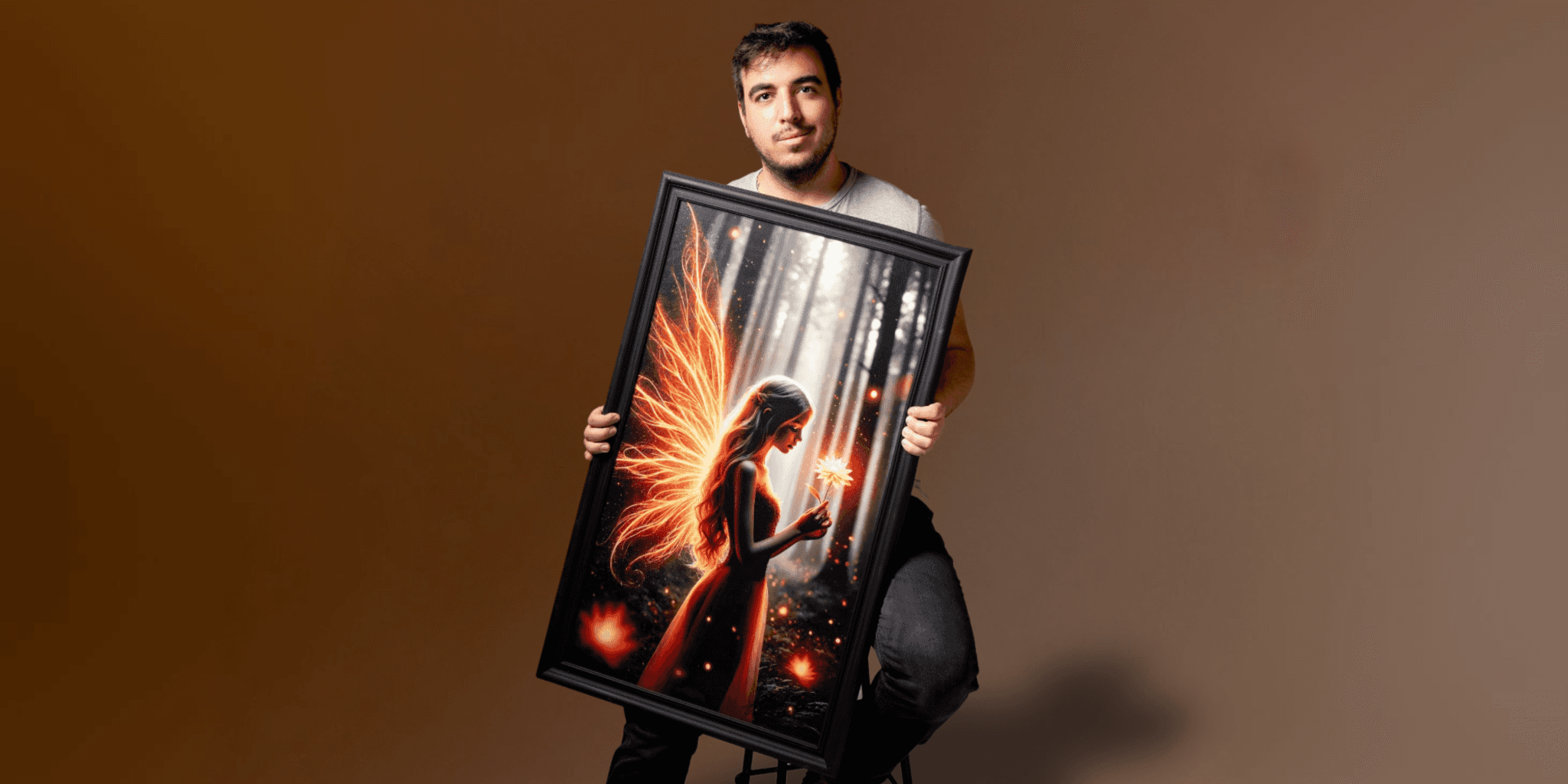 Man holding framed glowing fantasy fairy artwork with fiery wings against a studio background.