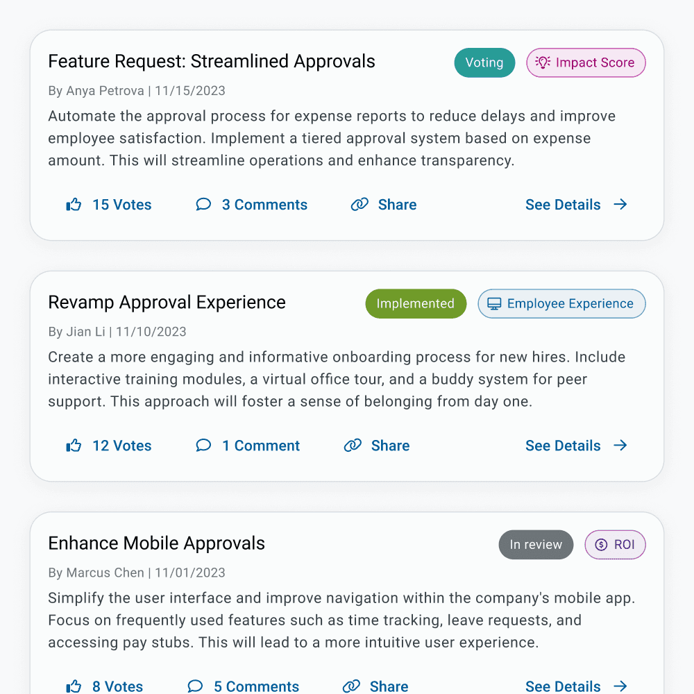 Three idea cards. The cards have a title, category chips, idea description, and actions to like, comment, share, and view details