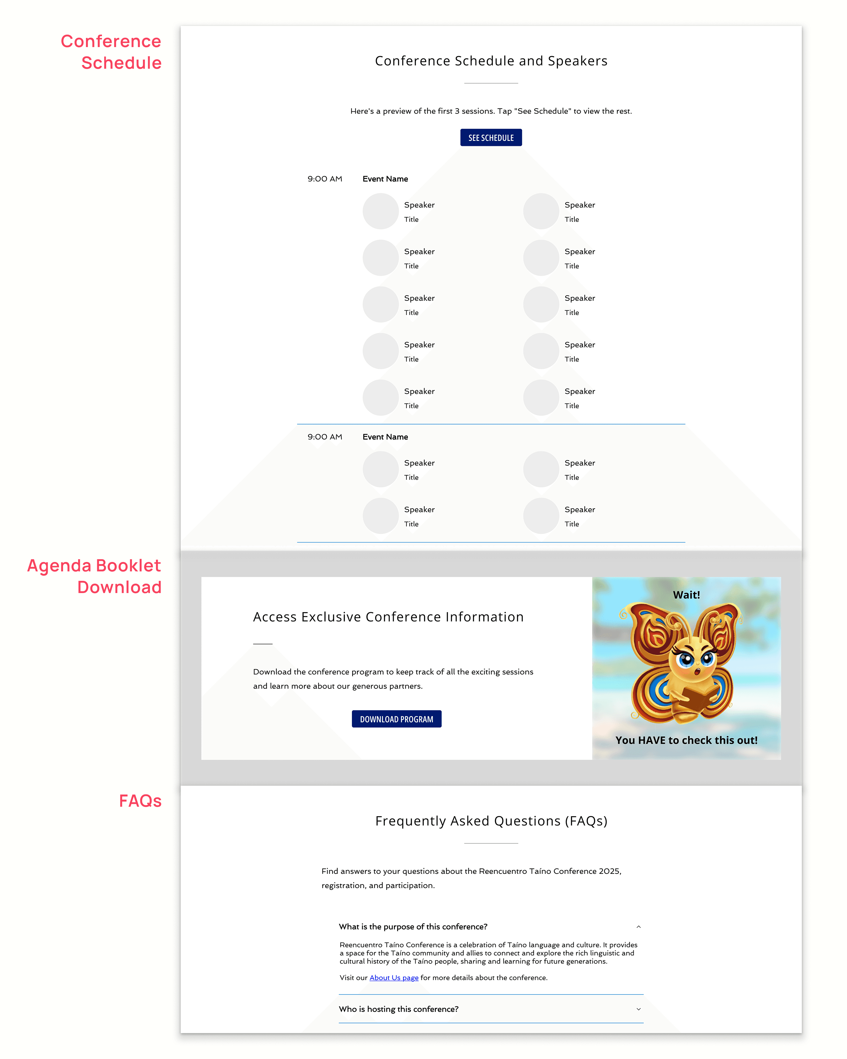 Conference Schedule, Agenda Booklet Download, and FAQ sections of the landing page.