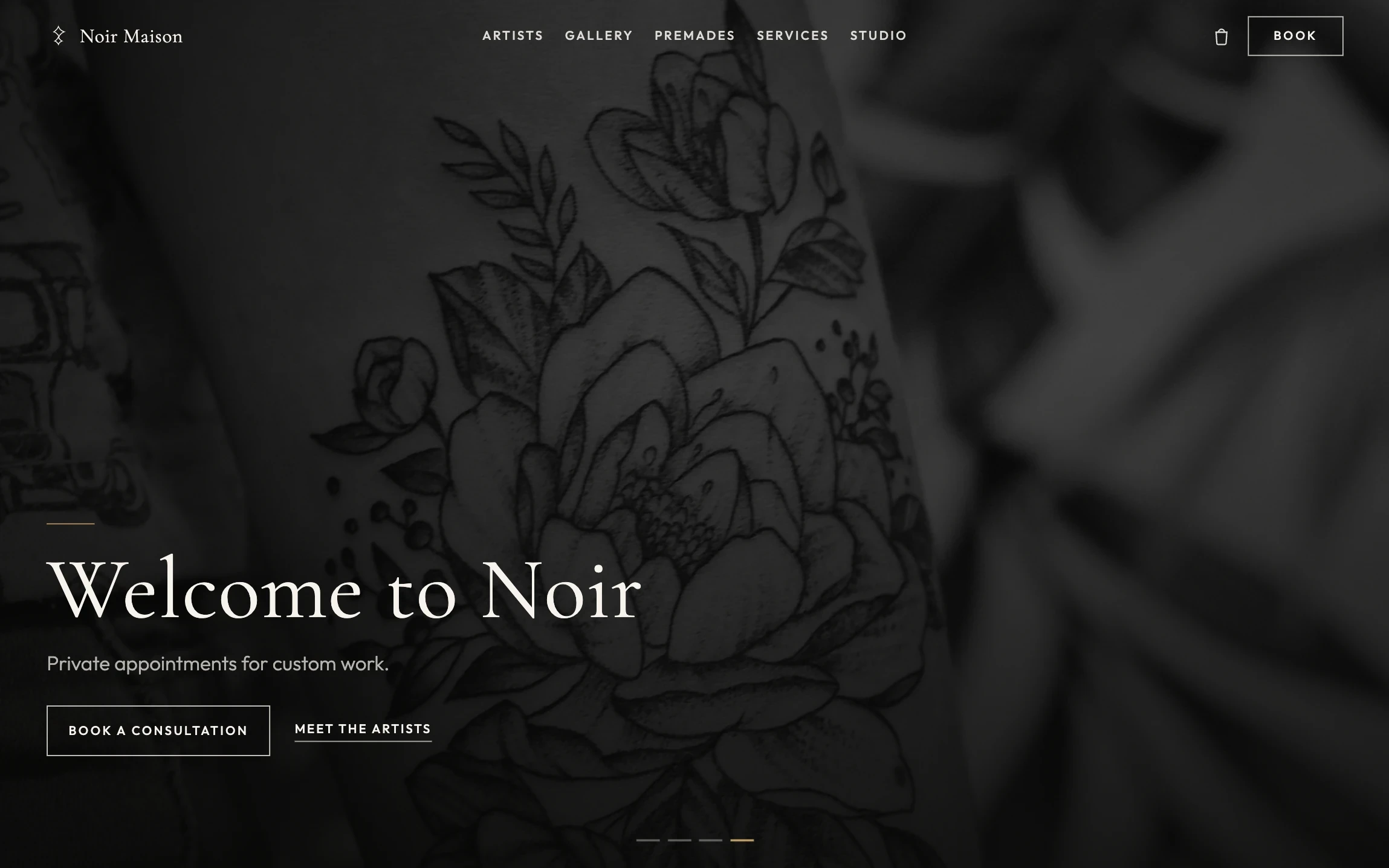 Tattoo studio website homepage with dark elegant design and booking call to action