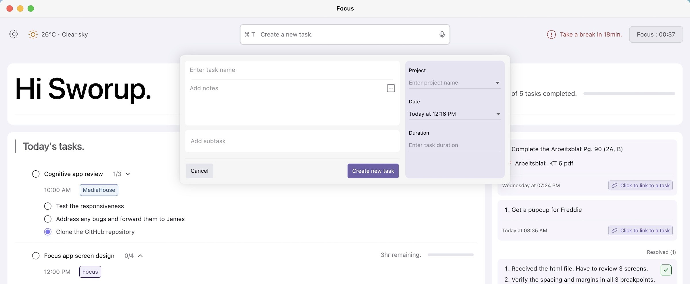 New task creation screen