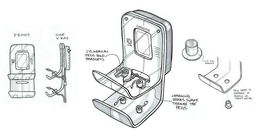 Apprentice Tandem Hub concept sketches showing the display, folding headset trays, and mounting details