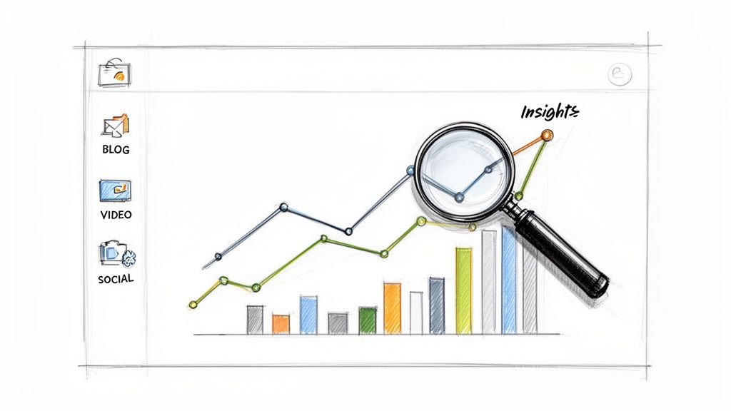A sketch depicting content marketing data analysis with graphs, charts, and a magnifying glass focusing on 'Insights'.