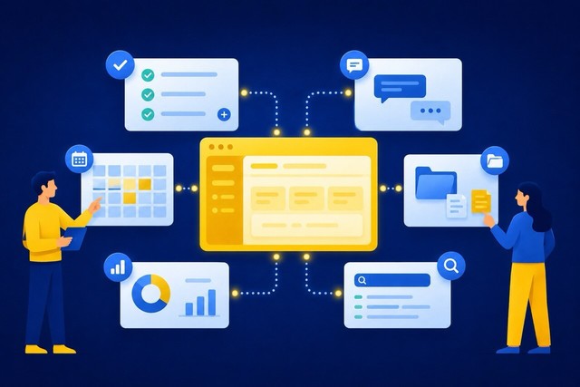 Creative agency workspace connects client assets, task cards, team feedback, and deadlines.