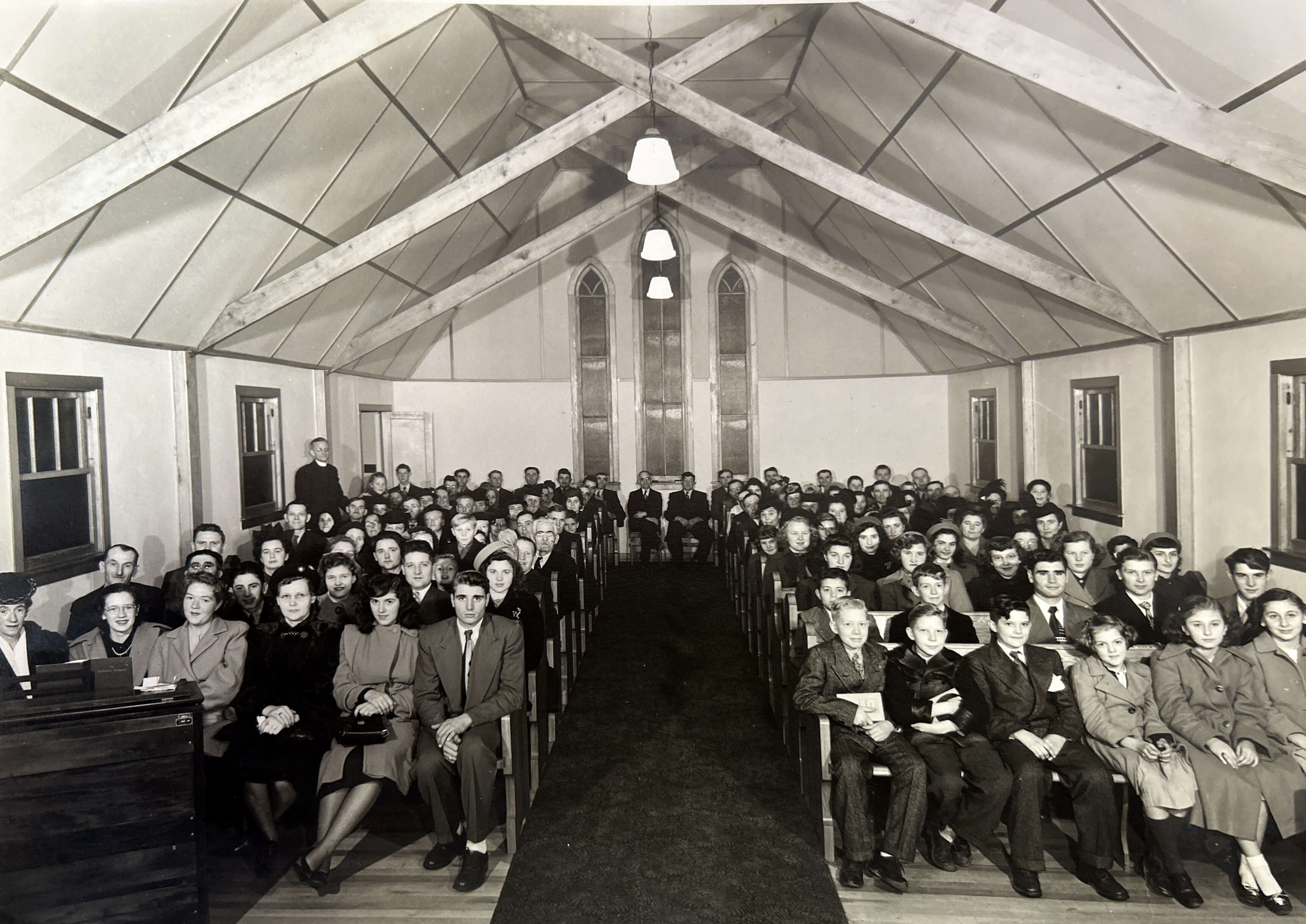 A black and white picture of a church