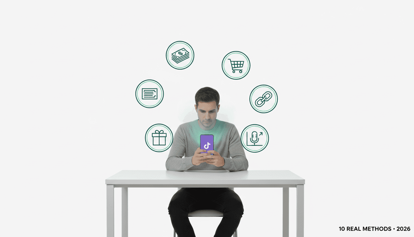 How to make money on TikTok with AI in 2026 — a creator producing short-form video with AI tools, income stream icons floating around a phone screen