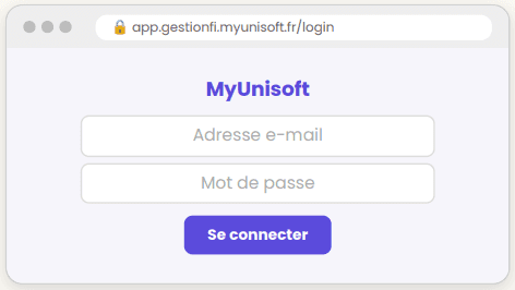 Écran de connexion MyUnisoft : adresse e-mail, mot de passe et bouton Se connecter