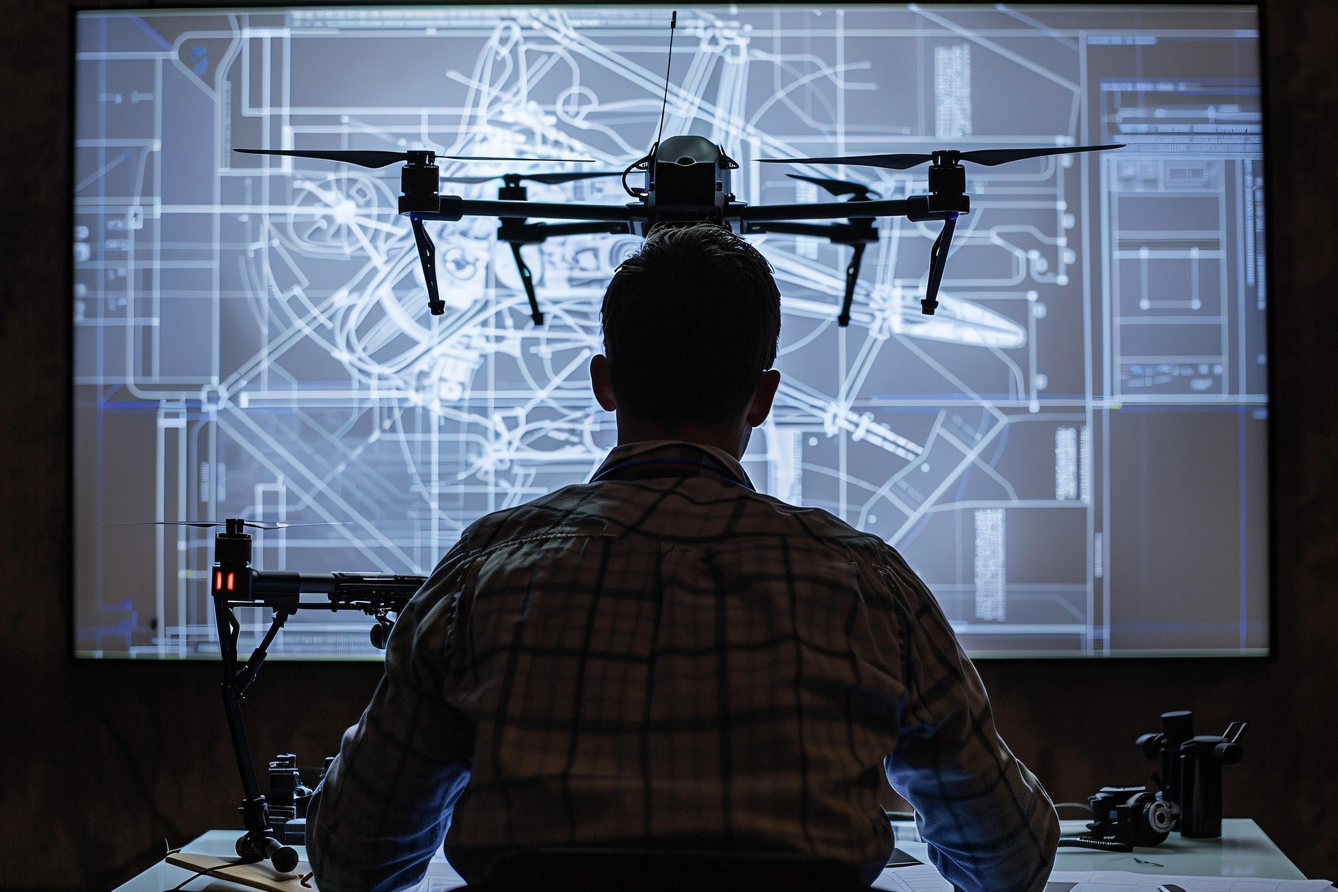 An engineer working on a large drone in front of blueprints