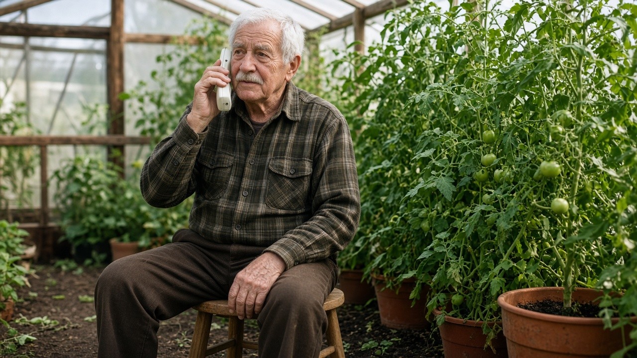 The image shows an elderly man with white hair and a mustache, sitting on a wooden stool inside a greenhouse. He is wearing a dark plaid shirt and brown pants, holding a landline phone to his ear, appearing engaged in a conversation. Surrounding him are multiple potted tomato plants with green tomatoes growing, indicating a nurturing and cultivated environment. This image can be used to represent themes such as elderly care, communication, gardening therapy, and support for seniors living with dementia.