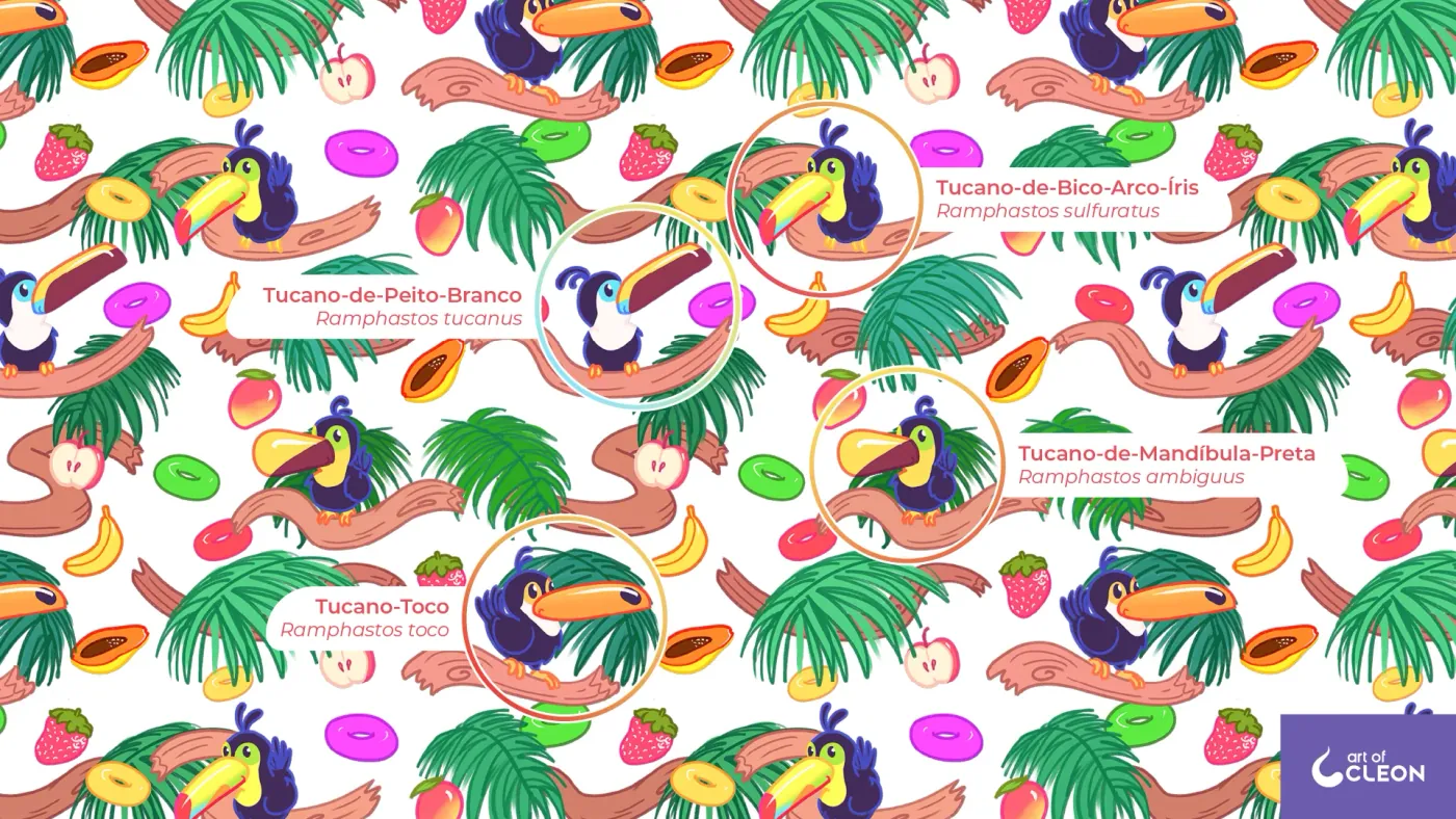The repeating pattern with four illustrated birds circled and labeled in Portuguese: tucano-de-bico-arco-íris, tucano-de-peito-branco, tucano-de-mandíbula-preta, and tucano-toco, each with its scientific name.