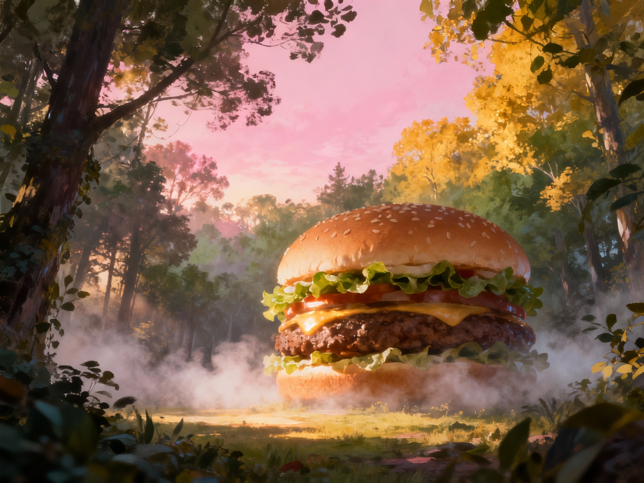 An artistic digital painting in a format portraying a fantastical oversized Big Mac set in a