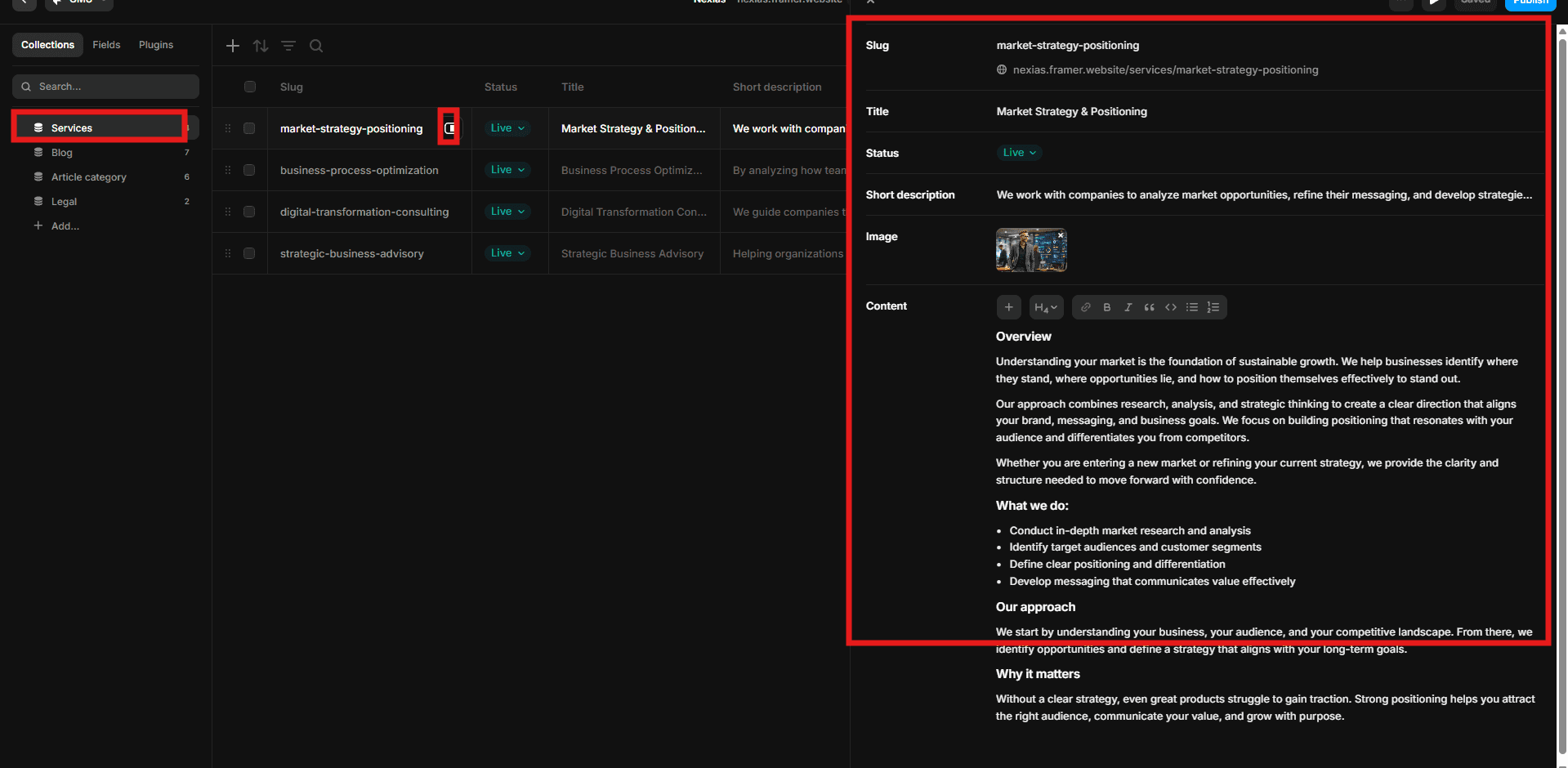 Editing content for a Nexias service detail page