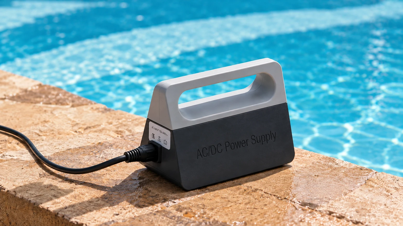 AC DC power supply for robotic pool cleaner beside a swimming pool
