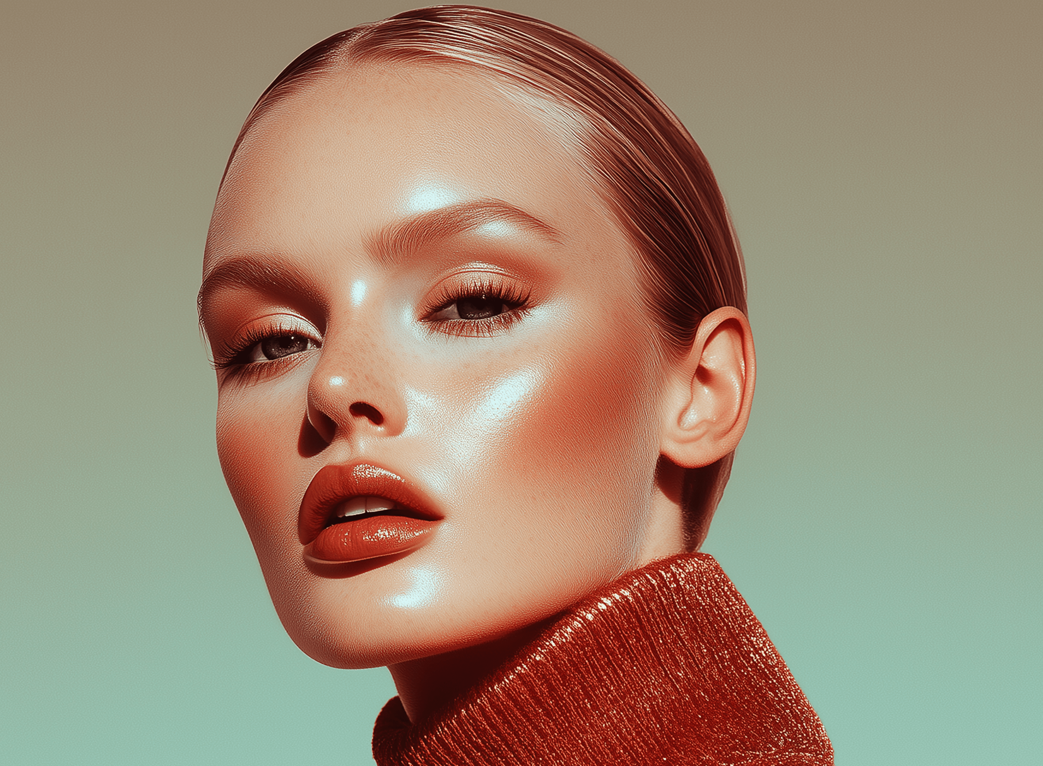 Woman with glossy makeup and a copper turtleneck