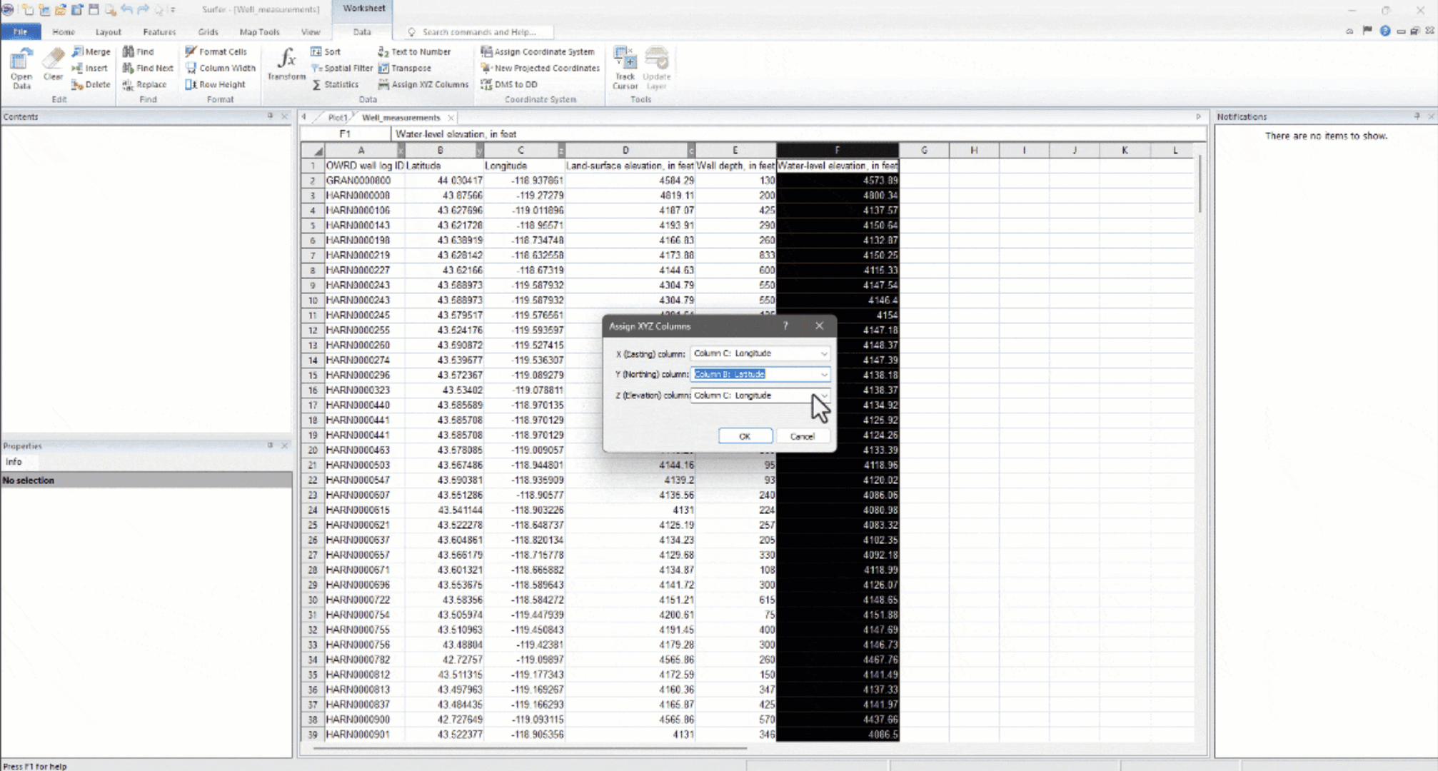 Surfer worksheet demonstrating how to assign X, Y, and Z columns to a measurement dataset.