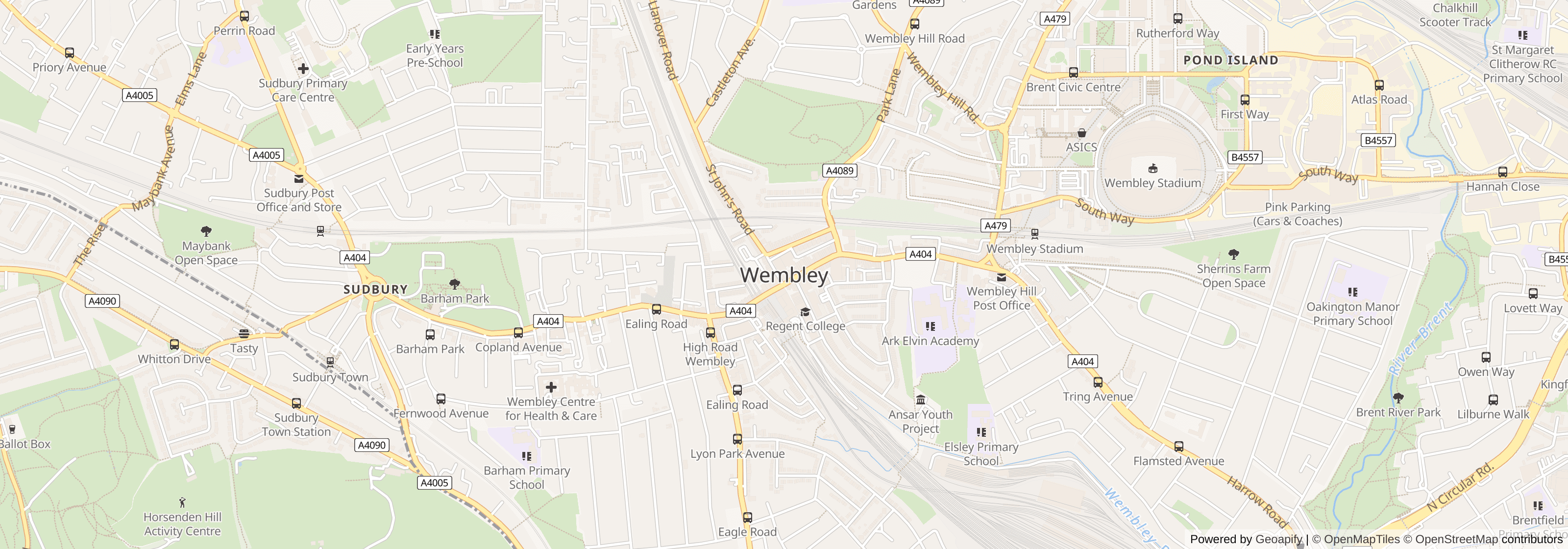 Street map of Wembley, Brent, London showing local roads and surrounding areas