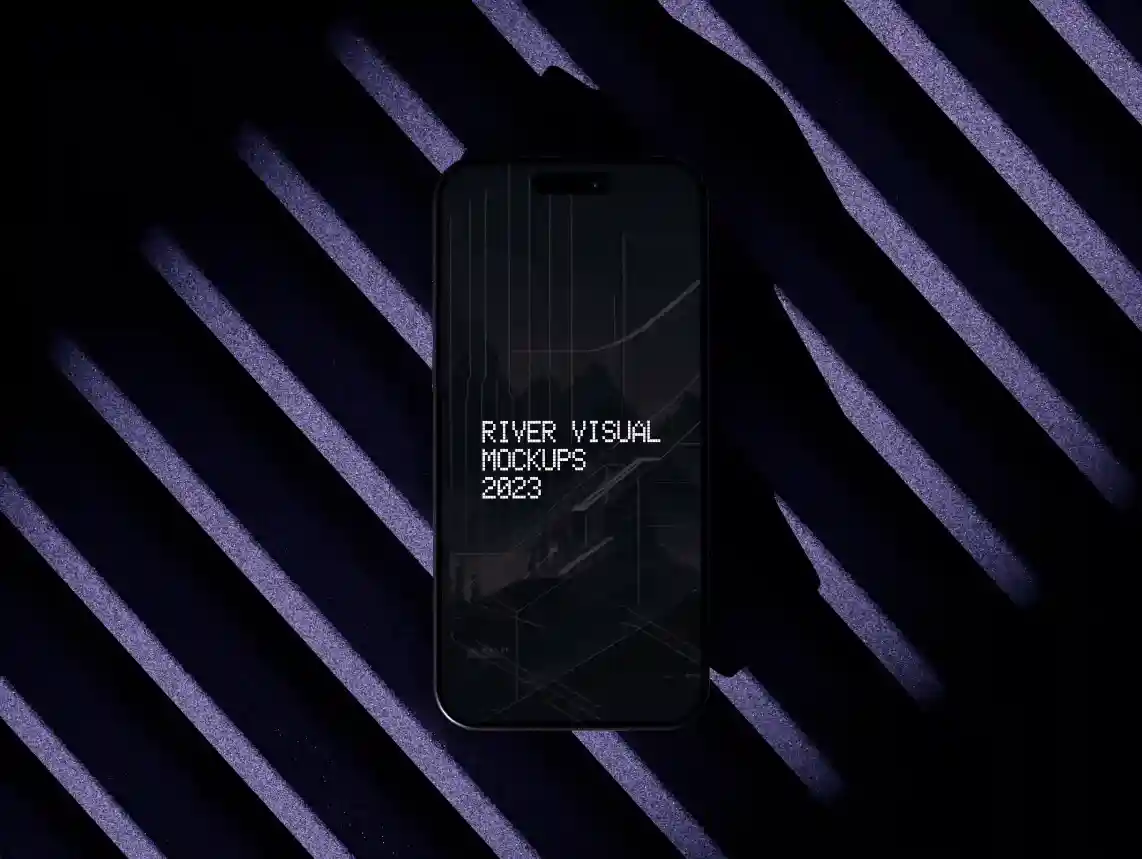 A black iPhone 15 Pro displaying a futuristic mockup interface with digital text and abstract graphics. The device is set against a dramatic backdrop of diagonal purple and black light patterns, creating a sleek, modern aesthetic.