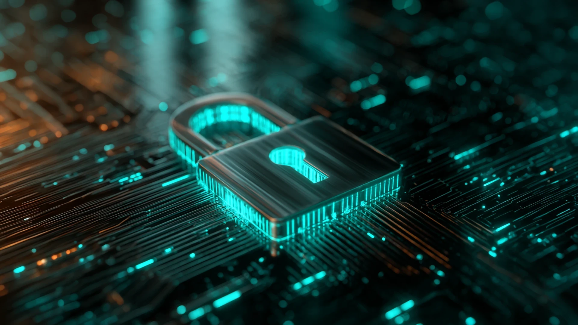 A symbol of data security in digital systems depicted as a padlock on an electronic circuit board.