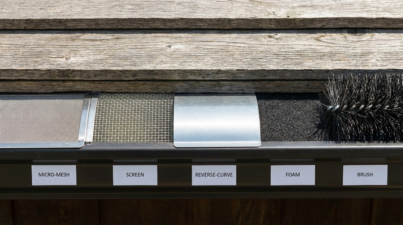 Five types of gutter guards side-by-side comparison showing installation differences