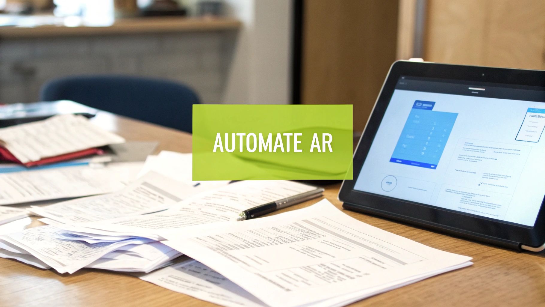 A desk with a tablet displaying data, messy papers, and a pen, featuring an 'AUTOMATE AR' banner.