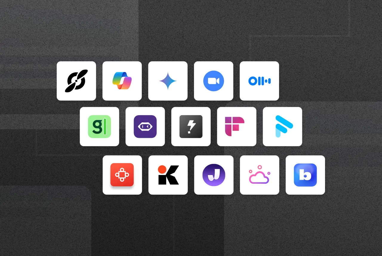 A grid of company logos representing the 2026 AI meeting assistant market, including Fellow, Zoom, Microsoft Copilot, Google Gemini, Otter.ai, Fireflies.ai, and Fathom.