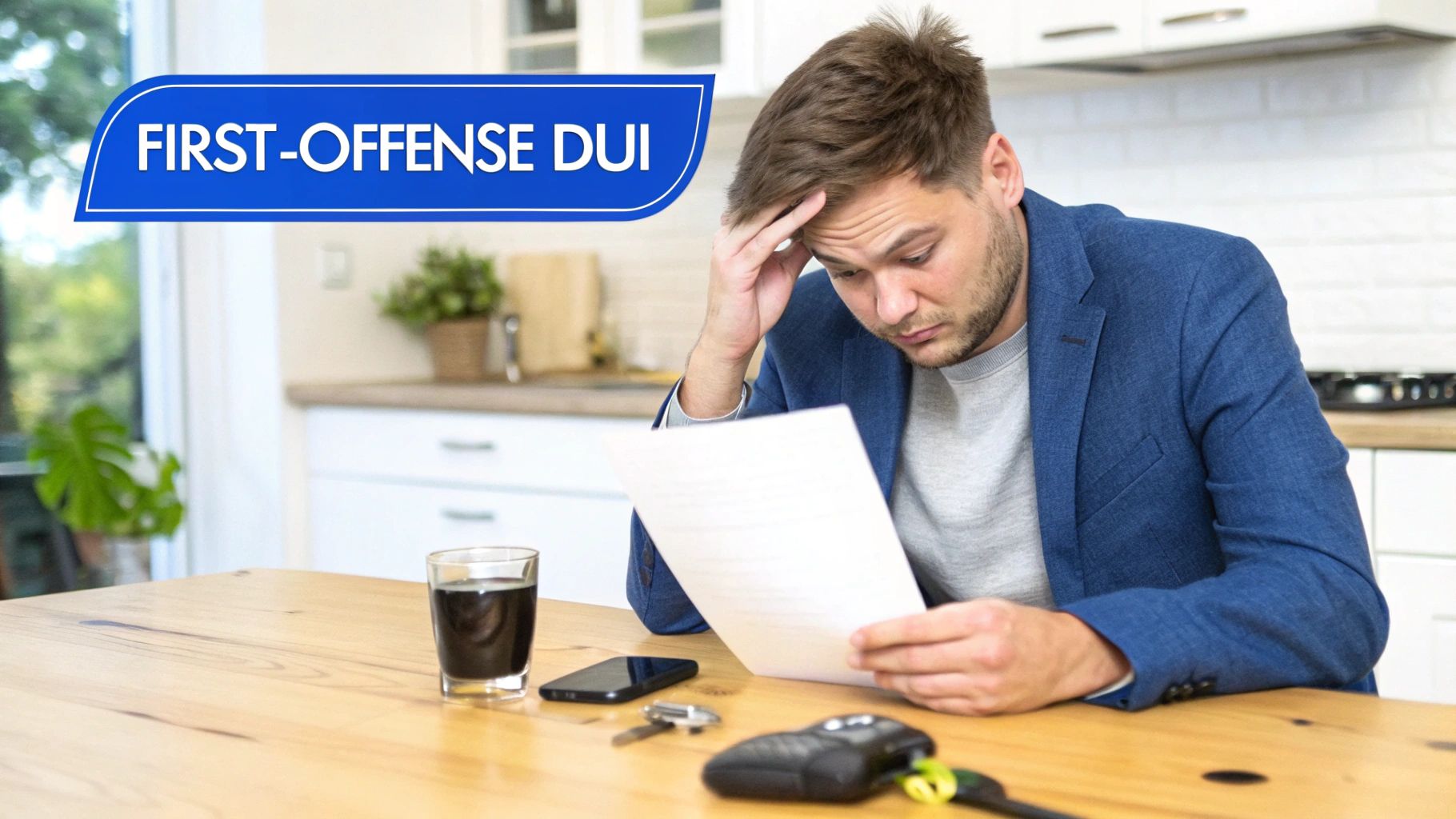 A distressed man reads a legal document about a first-offense DUI at a kitchen table.