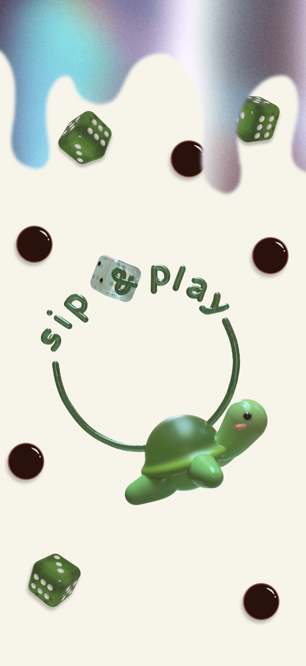 Poster for Sip & Play depicting a 3d model of their logo, boba and dice scattered on the page, and a drip effect at the top of a green and gray gradient.