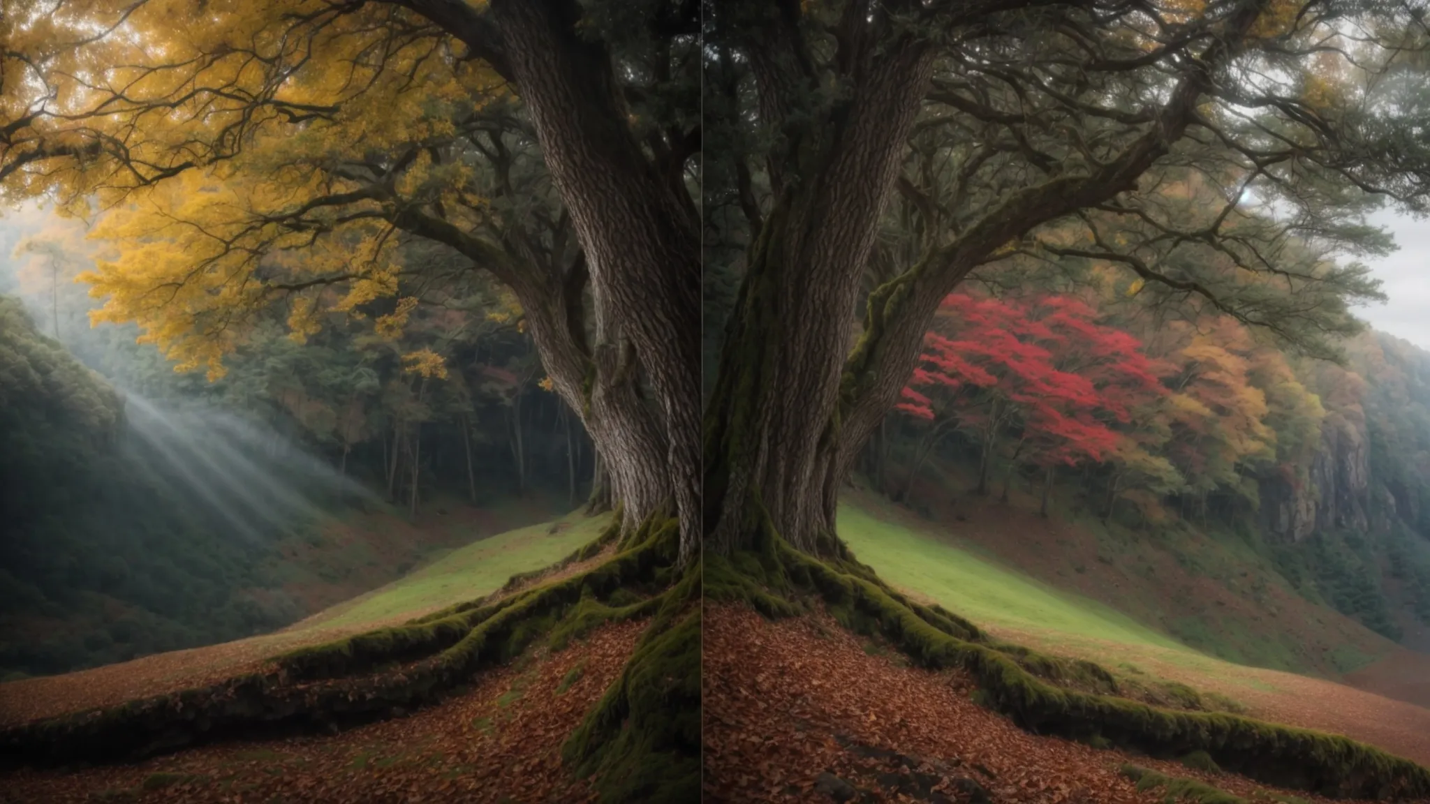 a before-and-after comparison of the same landscape photo, showcasing dramatic enhancements in lighting, color, and composition.