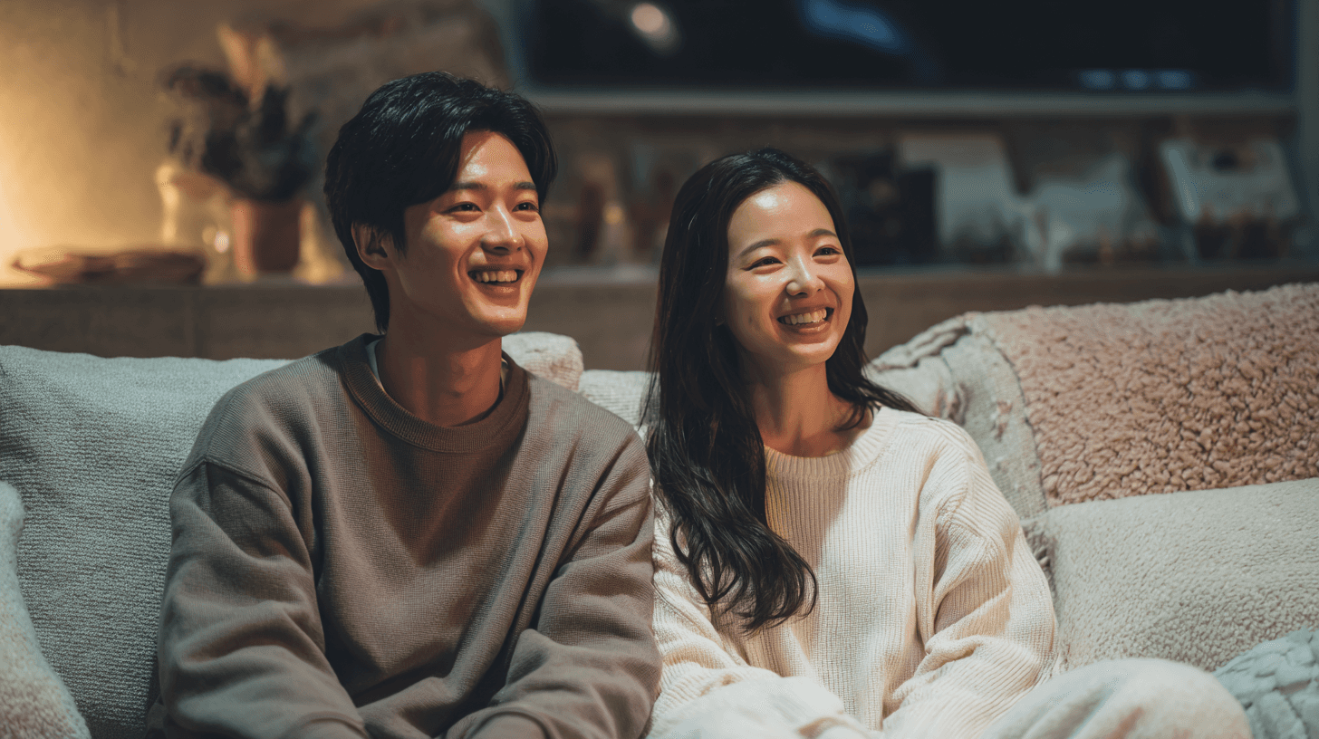 거실 소파에 나란히 앉아 IPTV를 보며 환하게 웃고 있는 20대 한국인 커플. 남성은 베이지 스웨트셔츠, 여성은 크림색 니트를 착용하고 있으며, 따뜻한 조명의 아늑한 실내 분위기.