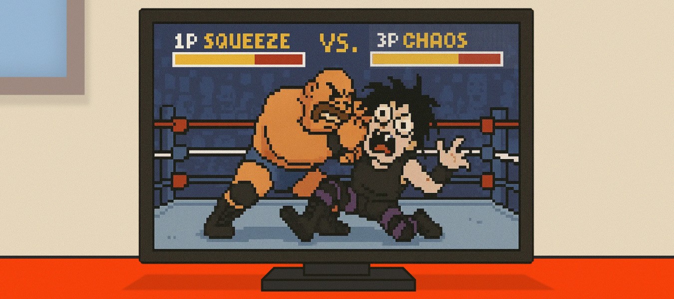 Retro video-game wrestling match showing “1P Squeeze” overpowering “3P Chaos,” symbolizing the painful choice small CPG brands face between shrinking 1P support and chaotic 3P management.