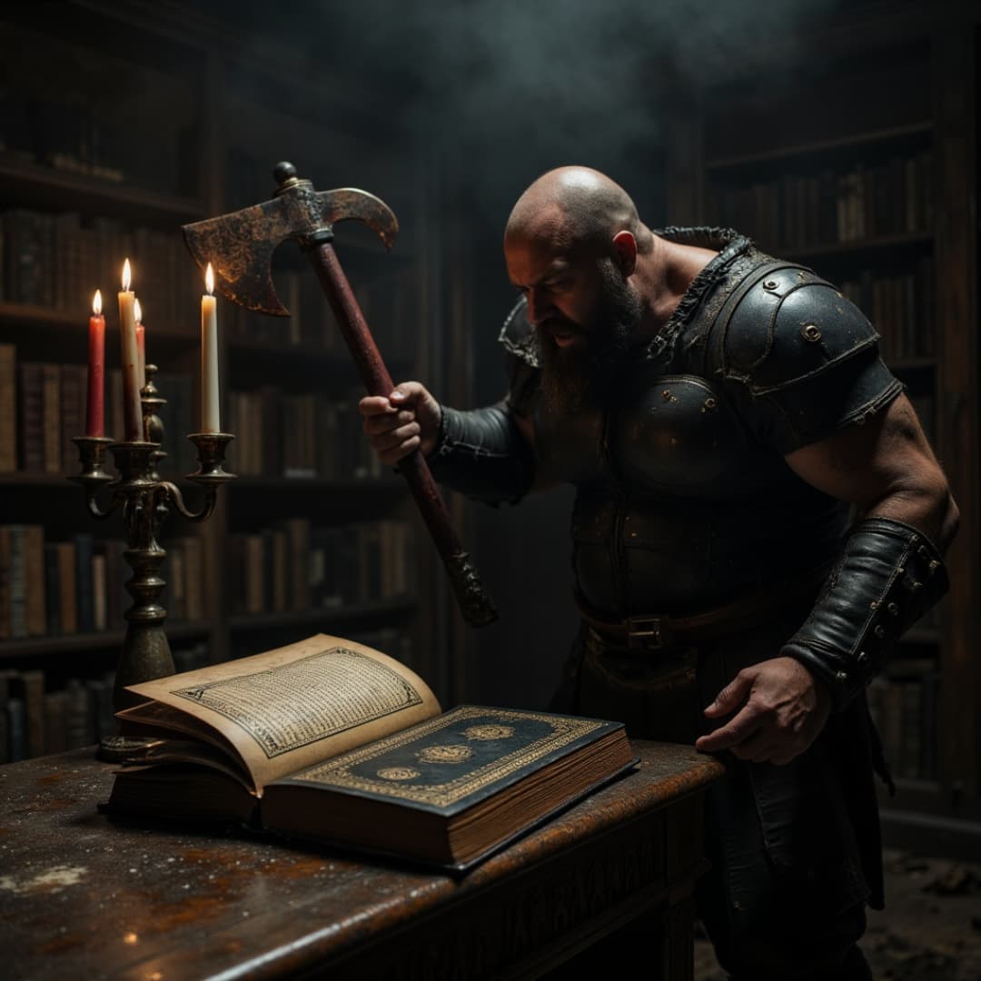ein krieger mit axt steht in einem altertümlichen raum und schaut auf ein buch