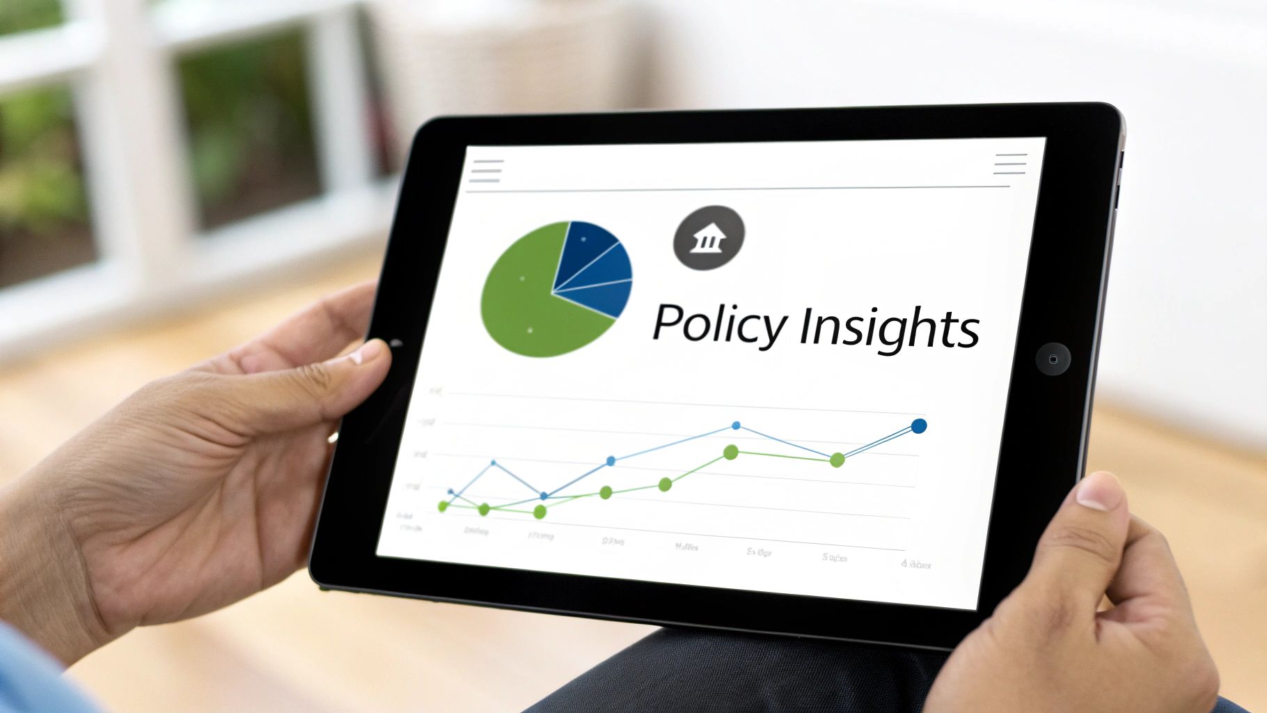 Hands holding a tablet displaying 'Policy Insights' dashboard with pie and line graphs for data analysis.