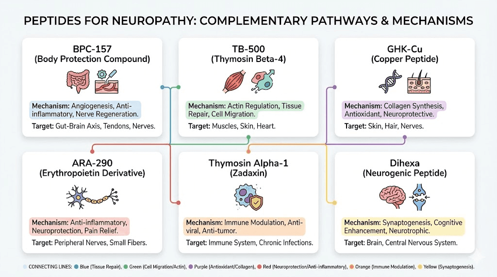 Peptides for neuropathy overview showing mechanisms and targets for nerve repair