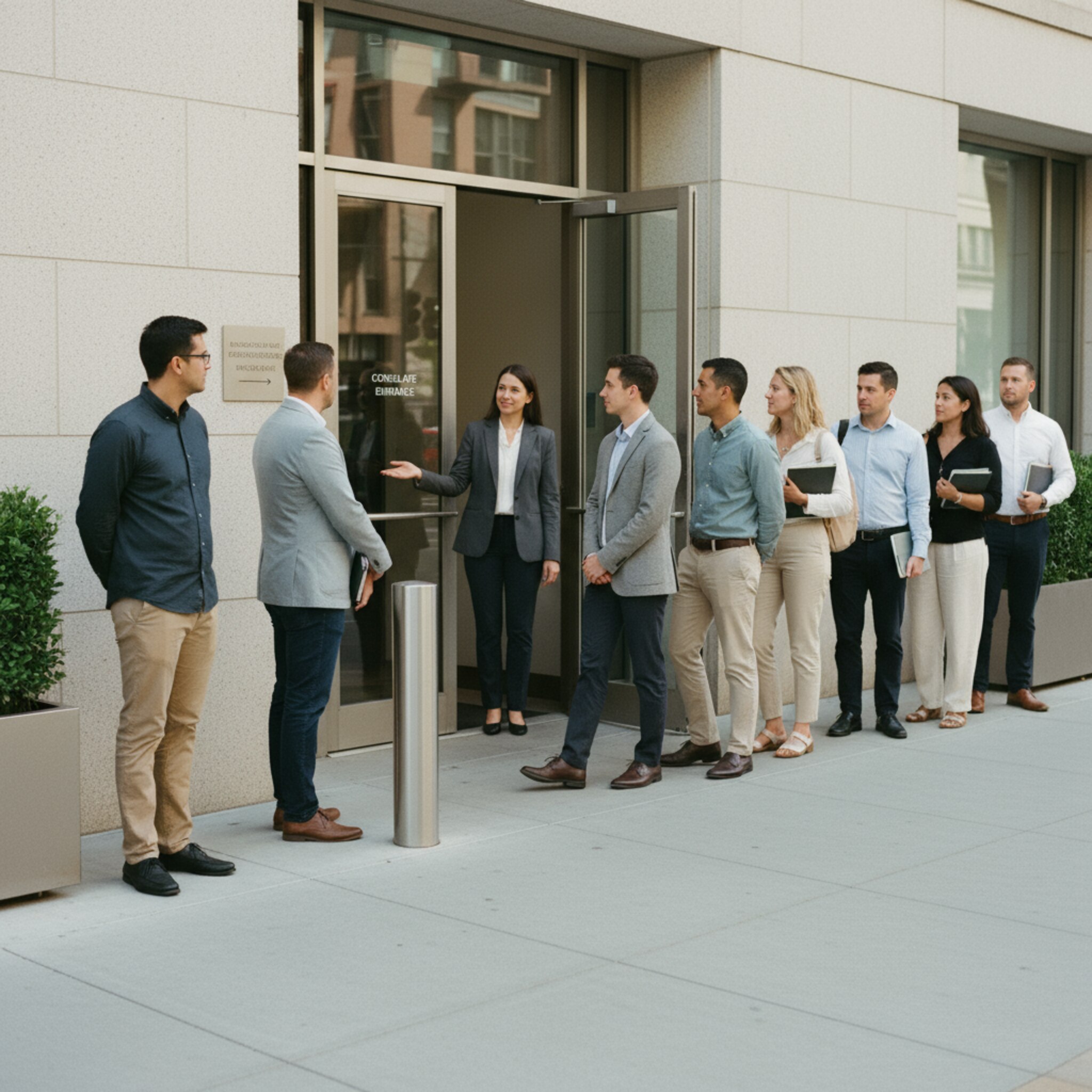 Vor dem Konsulateingang bildet sich am Morgen eine kurze, geordnete Schlange. Besuchende werden zügig einzeln eingelassen, während eine Mitarbeiterin am Eingang ruhig den Fluss steuert. Die Bewegung wirkt gleichmäßig, ohne Gedränge. Die Szene vermittelt planbare Ankunftszeiten und gut verteilte Kapazitäten.