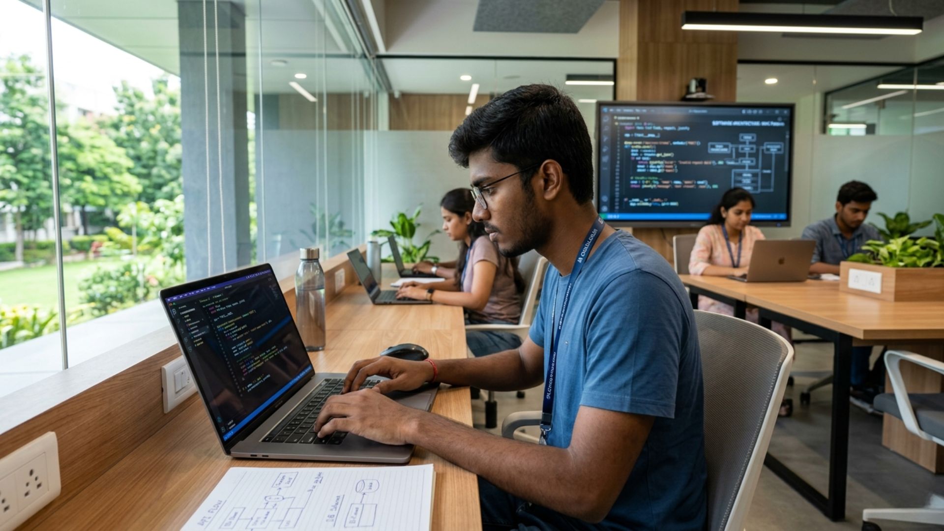 Student working on code in a modern computer lab for a software engineering degree in India