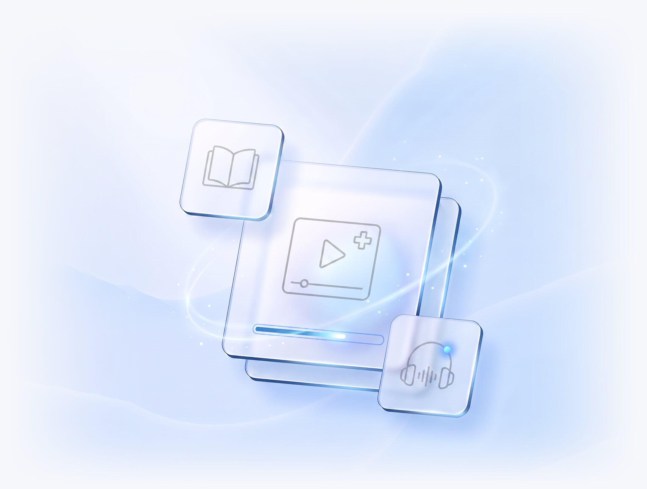 Ilustrație digitală a modulului de educare pacienți Evolvo: player video medical, carte deschisă și căști audio, pe fundal albastru deschis.