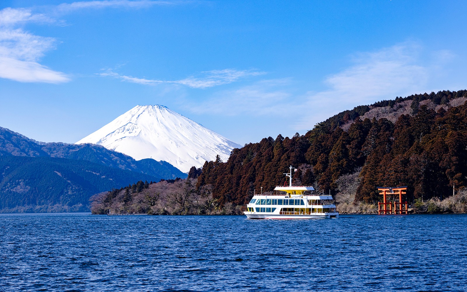 Lake Ashi cruise boat with Mt. Fuji visible in the background, Hakone, Japan.