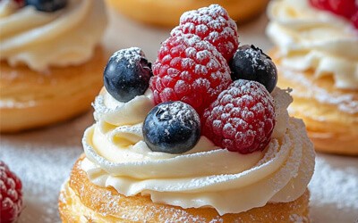 Close up of pastry topped with cream and berries.