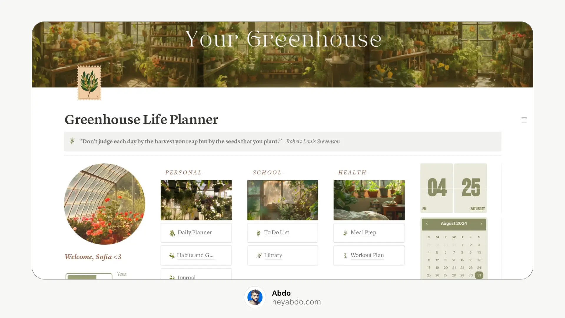 notion Aesthetic Greenhouse Life Planner