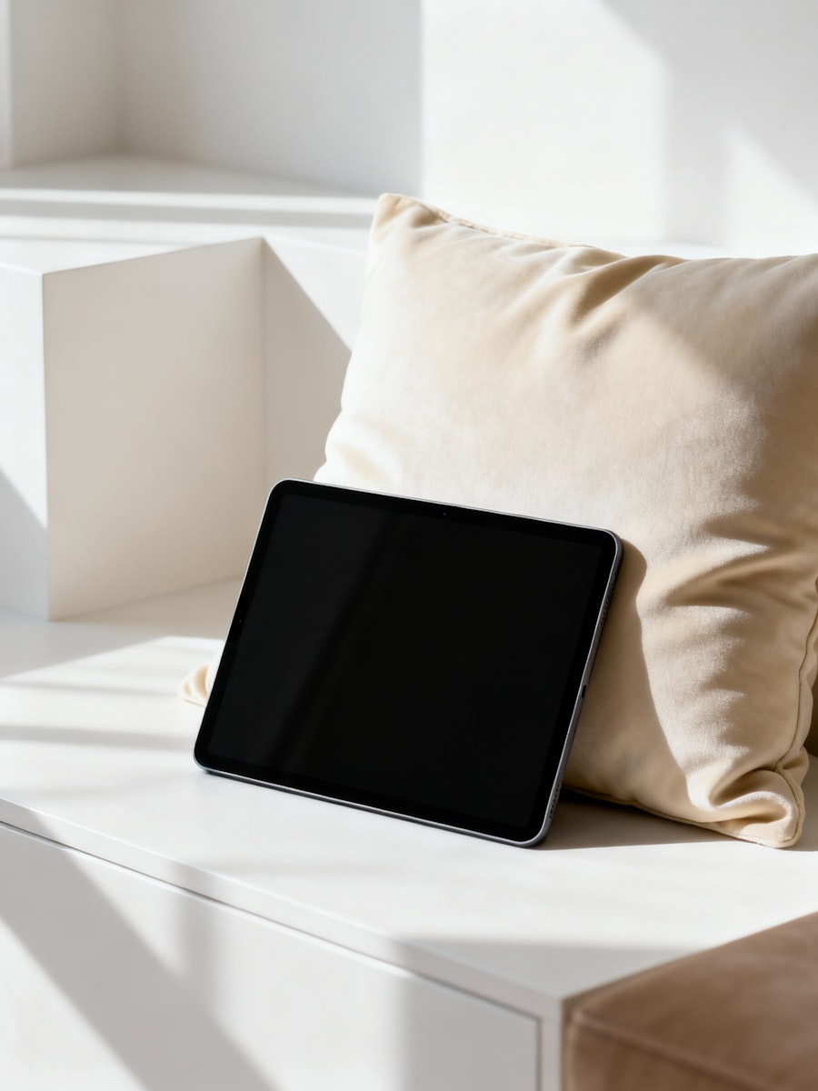 tablet resting on a pillow beside a window