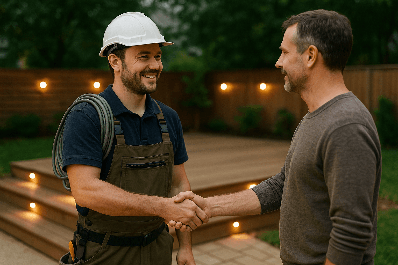 Electrician shaking home owner hand after closing the job with a fast quote using strike top ai