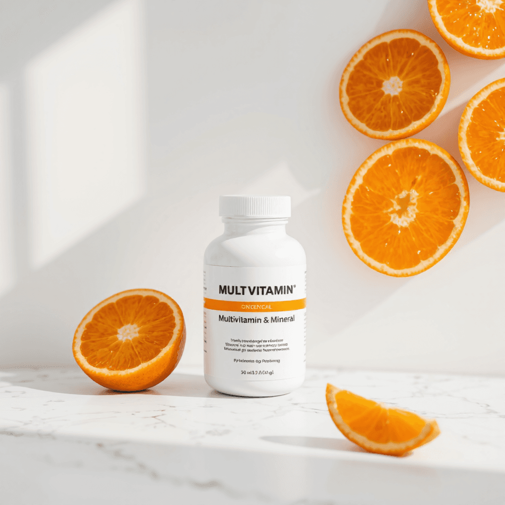 product photography of a bottle of multivitamin and mineral supplement