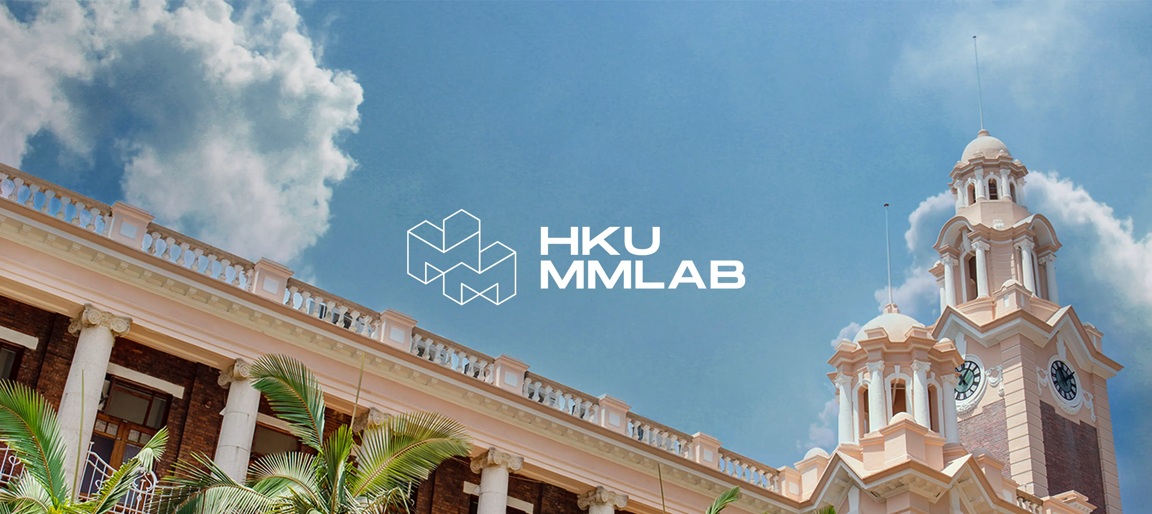 HKU MMLab logo on campus background – vibrant cyan-blue, magenta, and yellow-orange M logo overlaid on HKU Main Building under blue sky by Teatime Studio.
