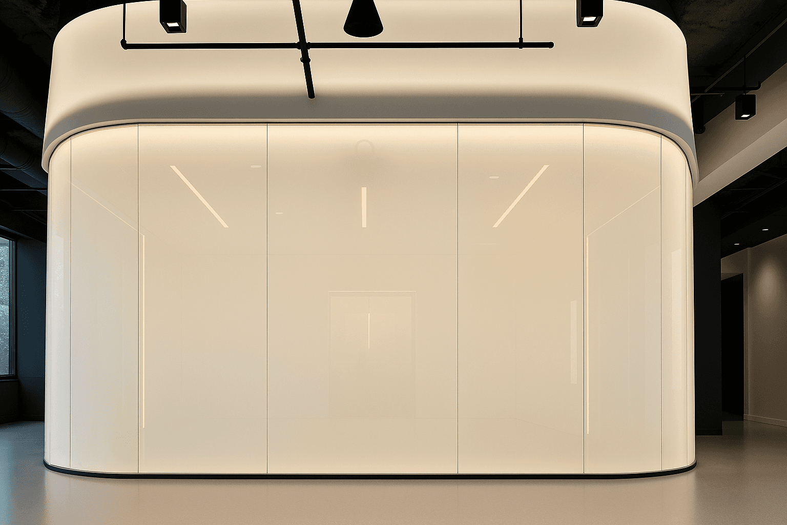 Curved meeting room with smart film glass in opaque mode for full visual privacy.