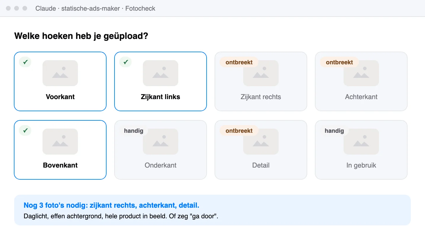 Schematische weergave: De fotocheck van de skill: drie hoeken zijn er, drie ontbreken nog.